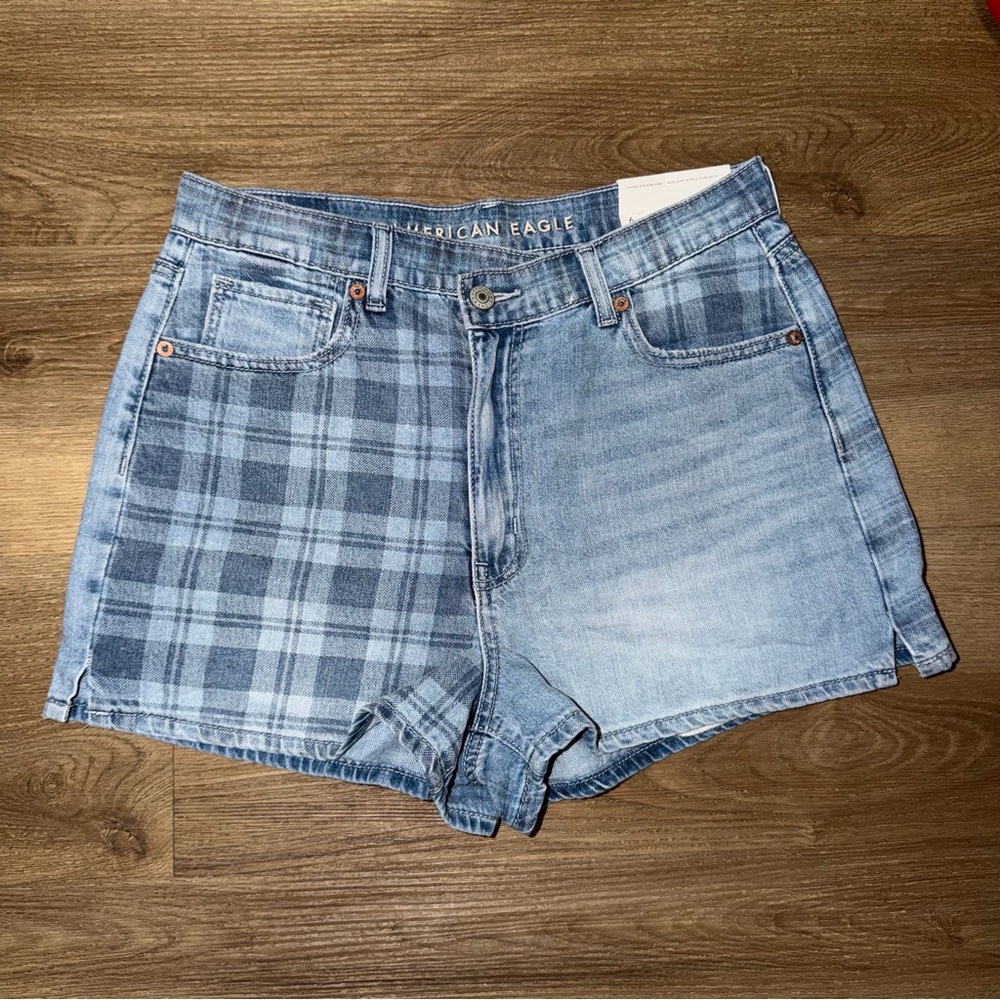 AMERICAN‎ EAGLE PLAID TWO TONE DENIM JEAN HIGHEST RISE MOM SHORTS SIZE 6 NWT